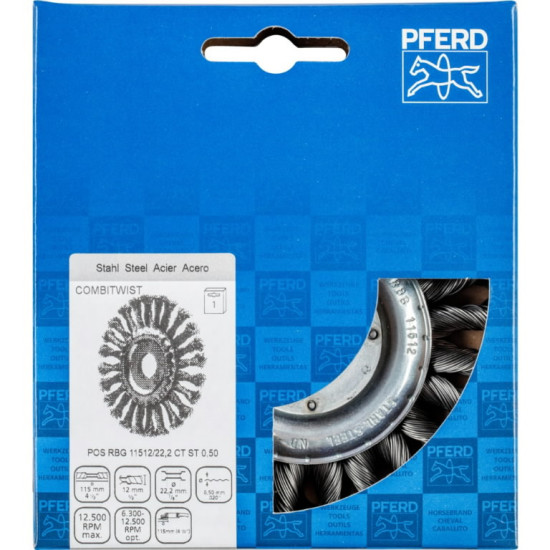 Diskveida drāšu birste RBG CT tērauda 115x12/22mm 0,5mm, Pferd