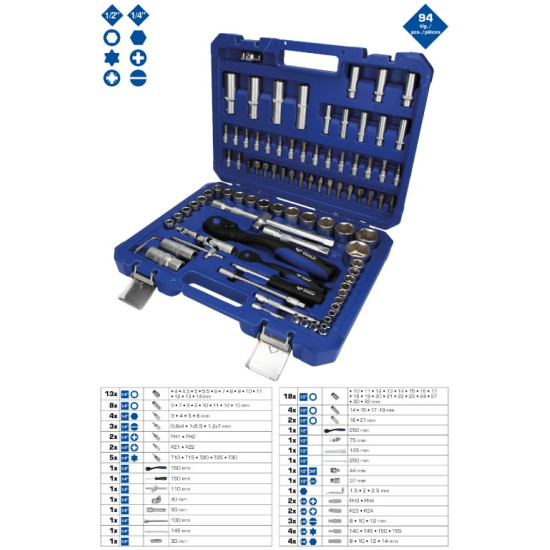 Muciņu komplekts, 94-gab., 1/4", 1/2", Brilliant Tools
