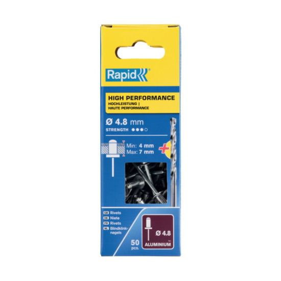 Kniedes Al 4,8x10mm, 50 gab. + Drill C, Rapid