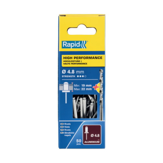 Alumīnija kniedes Al 4,8x25mm 50gab.+urbis komplektā, Rapid
