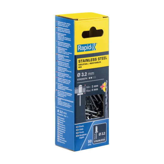 Nerūsējošā tērauda kniedes 3,2x8mm 50gab.+urbis komplektā, Rapid