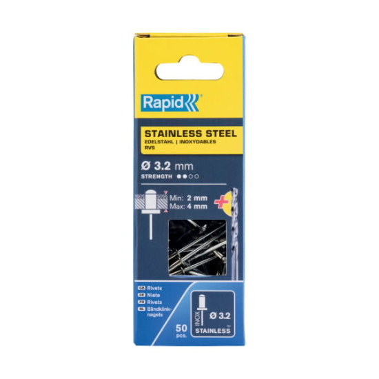 Nerūsējošā tērauda kniedes 3,2x8mm 50gab.+urbis komplektā, Rapid