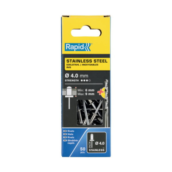 Nerūsējošā tērauda kniedes 4,0x12mm 50 gab. + Drill C, Rapid