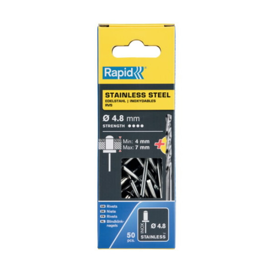Nerūsējošā tērauda kniedes 4,8x10mm 50gab.+urbis komplektā, Rapid