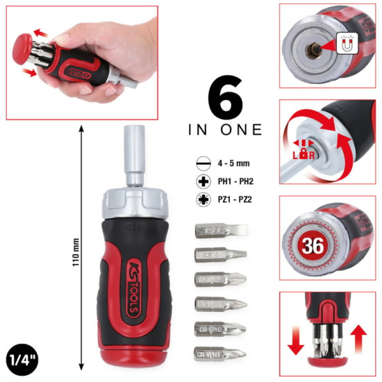 Mini skrūvgriezis ar sprūdmehānismu 6 in 1, 1/4", KS Tools
