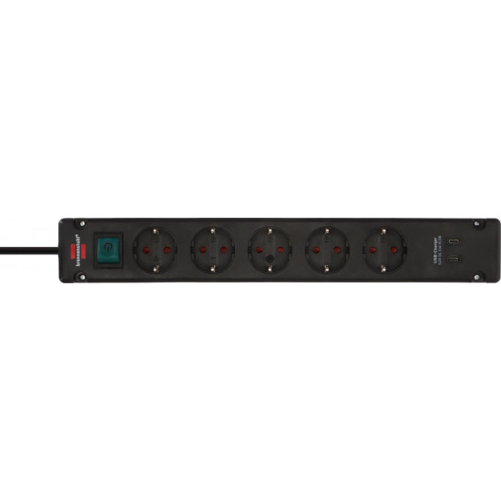 Bremounta pagarinātājs ar 2× USB-C, 5 kontaktligzdas, slēdzis, 3 m kabelis, melns, Brennenstuhl