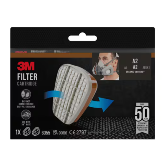 Filter Cartridge 6055, A2 Organic Vapours, 1 Pair/Pack, 3M