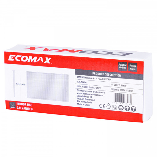 Finish nails 0´, 18GA, electrogalvanized, glued strip, 5000 pcs/pack 25x1,2 mm, Ecomax
