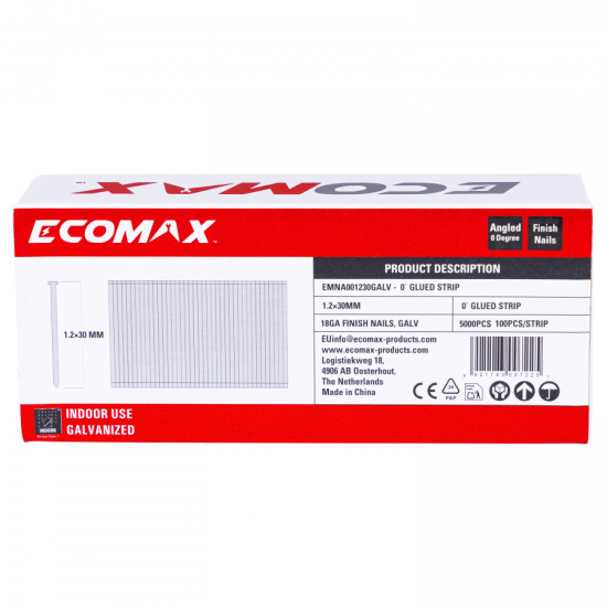 Finish nails 0´, 18GA, electrogalvanized, glued strip, 5000 pcs/pack 30x1,2 mm, Ecomax