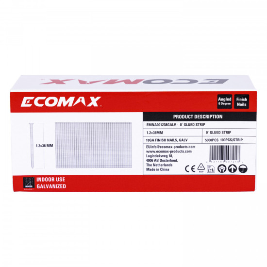 Finish nails 0´, 18GA, electrogalvanized, glued strip, 5000 pcs/pack 38x1,2 mm, Ecomax