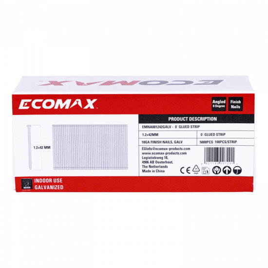 Finish nails 0´, 18GA, electrogalvanized, glued strip, 5000 pcs/pack 42x1,2 mm, Ecomax