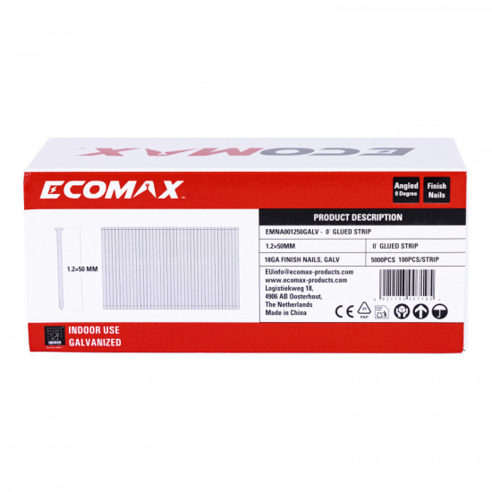 Finish nails 0´, 18GA, electrogalvanized, glued strip, 5000 pcs/pack 50x1,2 mm, Ecomax