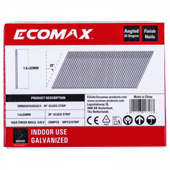 Finish nails 20´, 16GA, electrogalvanized, glued strip, 2500 pcs/pack 32x1,6 mm, Ecomax