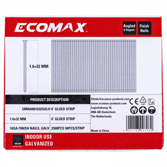 Finish nails 0´, 16GA, electrogalvanized, glued strip, 2500 pcs/pack 32x1,6 mm, Ecomax