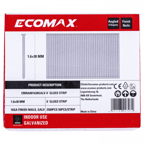 Finish nails 0´, 16GA, electrogalvanized, glued strip, 2500 pcs/pack 38x1,6 mm, Ecomax