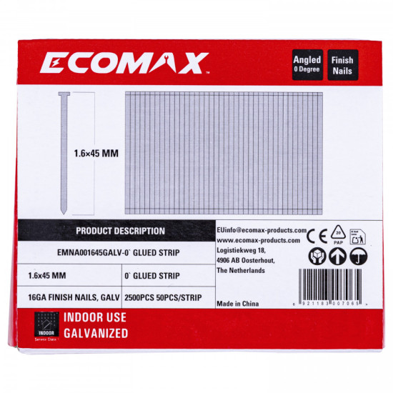 Finish nails 0´, 16GA, electrogalvanized, glued strip, 2500 pcs/pack 45x1,6 mm, Ecomax